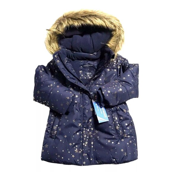 Nautica Toddler Girls Hooded Puffer Jacket 2T Navy Water Resistant Fleece Lining - Picture 1 of 8